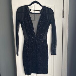 Mystic Sparkle Mesh Long Sleeve Plunge Dress